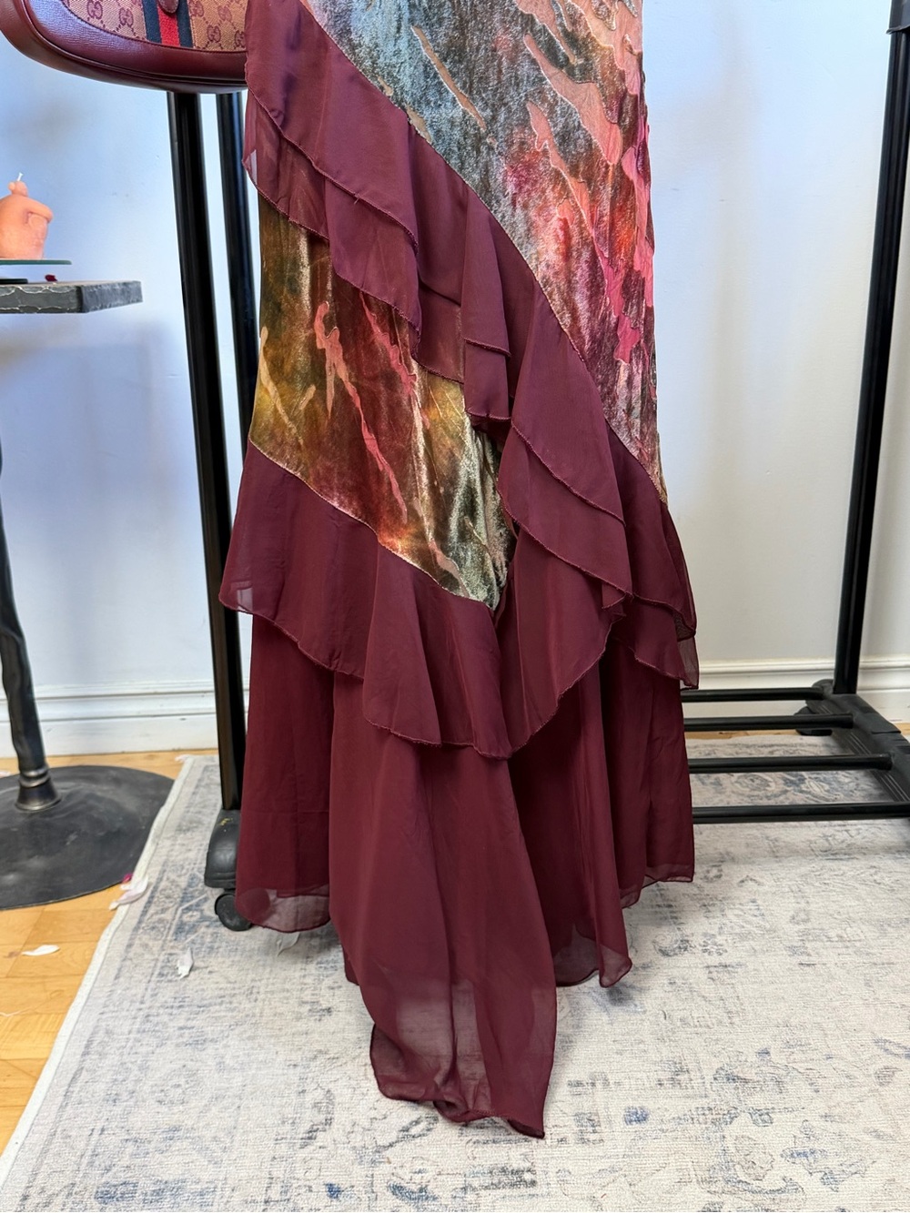Jeff Gallano Paris Burgundy Velvet Burnout Layered Evening Gown Dress FR 42 - Picture 6 of 10